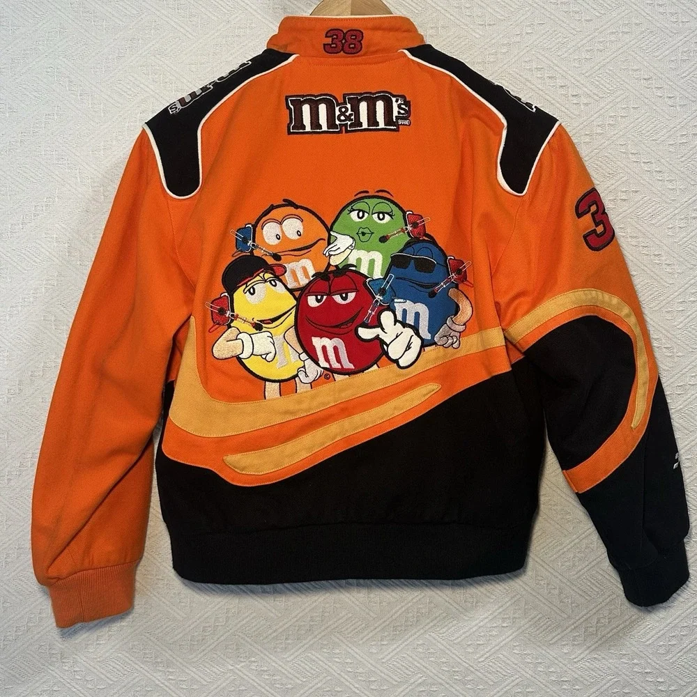 JH Design OrangeM&M #38 Yates Kids Vtg Jacket Nascar Racing Youth L or XS/S Wms.